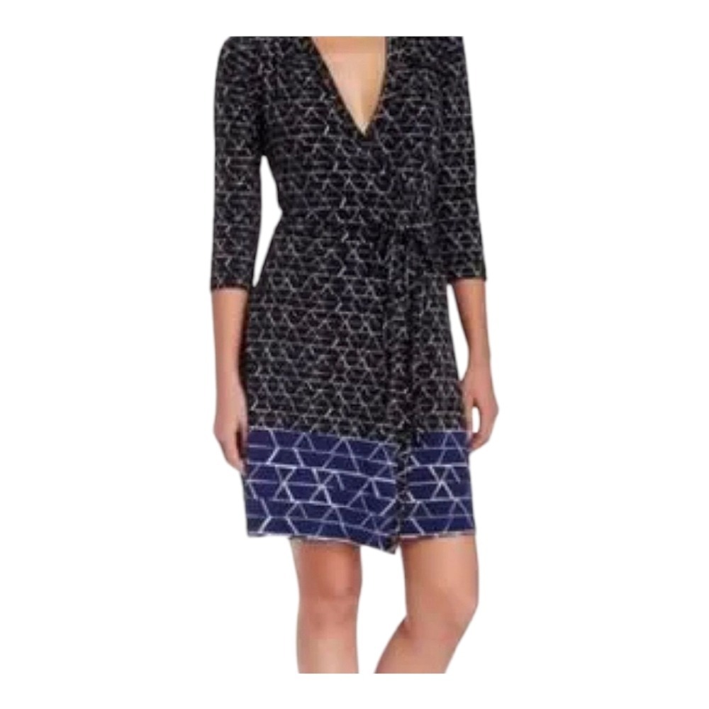 Max Studio Womens Black Wrap Dress M Geometric Print 3/4 Sleeve V-Neck Workwear